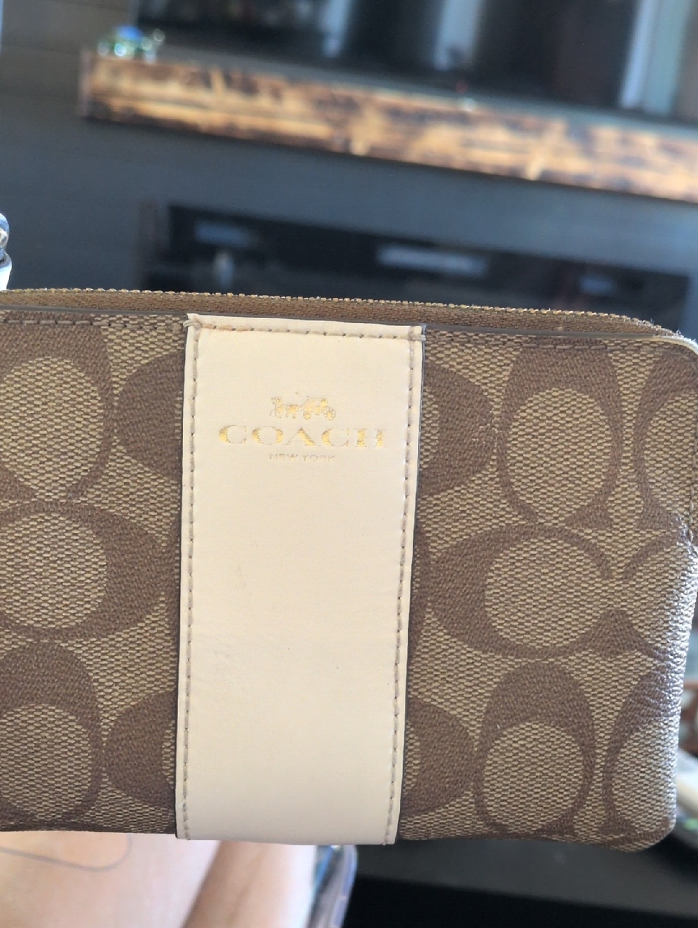 Coach Tan Signature Canvas Wristlet with White Center Stripe - Picture 1 of 6